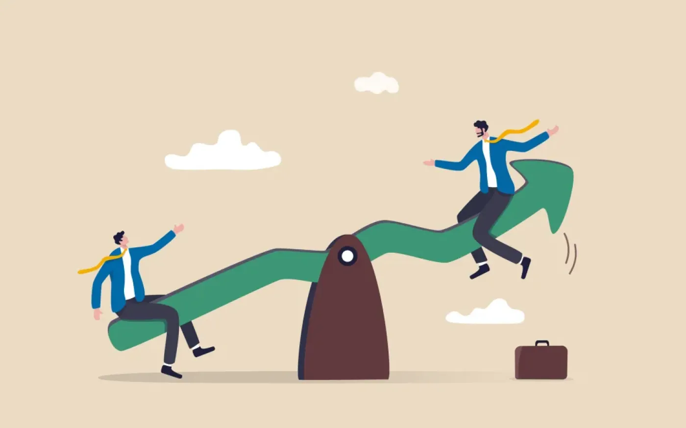 Infographic showing two people on a seesaw, one person on each end. The seesaw tilts slightly, with one person positioned higher, indicating an imbalance