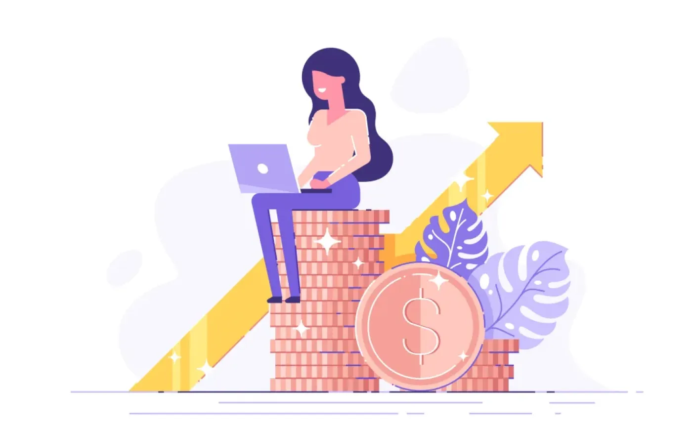 Illustration of a woman sitting atop a stack of large coins