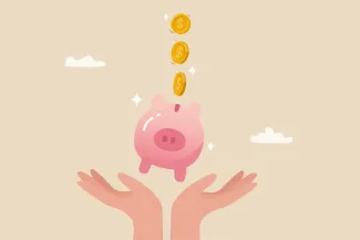 Illustration of a piggy bank tipping over mid-fall