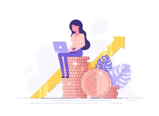 Illustration of a woman sitting atop a stack of large coins